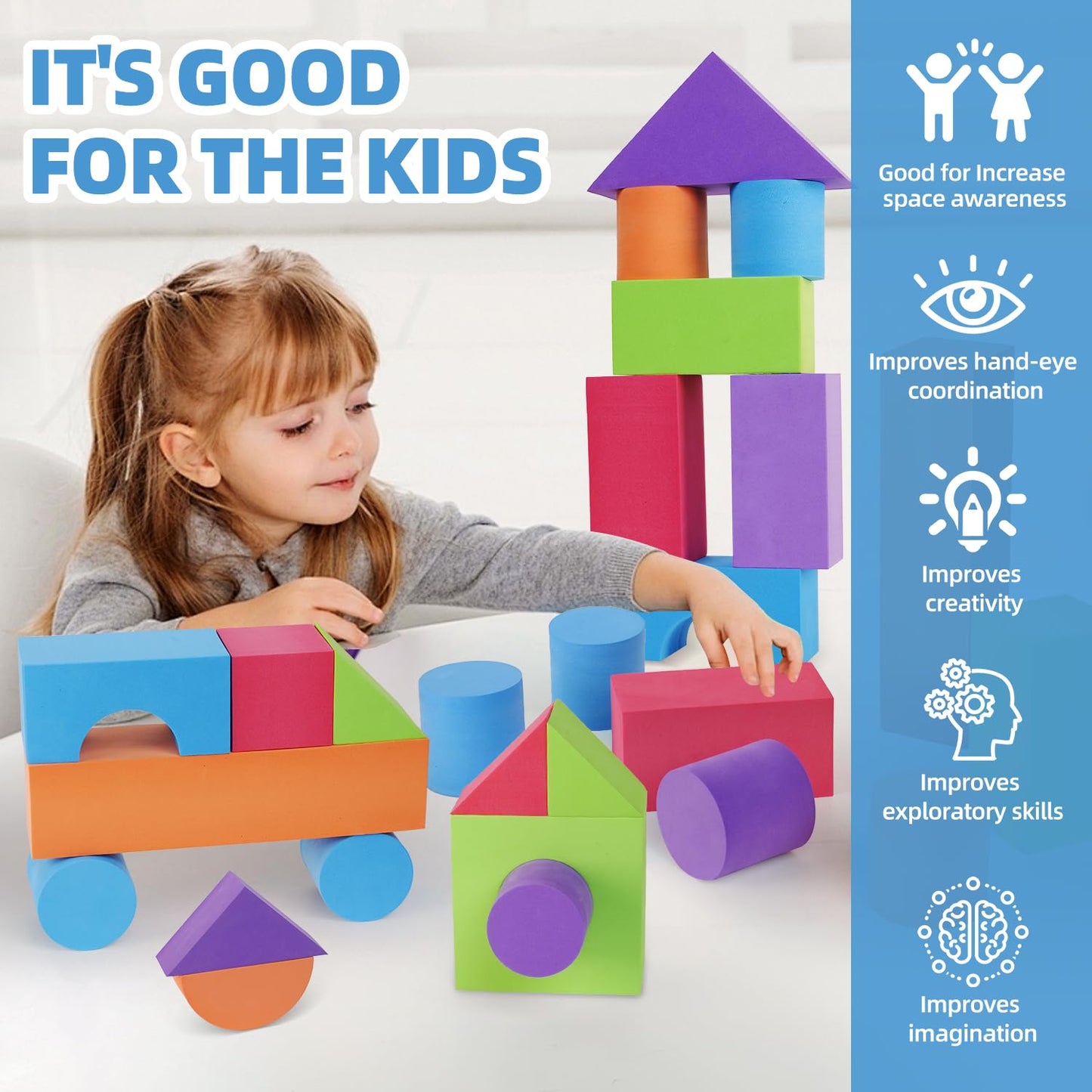 Bingyouth Large Building Foam Blocks for Toddlers, EVA Stacking Foam Building Blocks Toy Set, Non-Toxic, Washable, Early Learning Construction Toys & Gifts for Kids Boys & Girls (Blue, Pieces, 60)