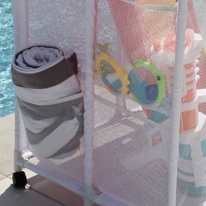 Essentially Yours Pool Storage Equipment Organizer Holder - Noodles, Toys, Balls and Floats Mesh Rolling Double Decker Bin, Large with Noodle Holder, (35.3" W x 23" L x 59.4" H), White Style 561935