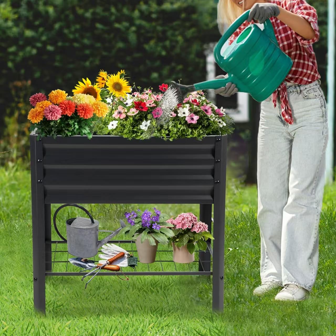 Veezyo Raised Garden Bed with Legs and Shelf, 2pcs 32"x20"x31.5" Elevated Metal Planter with Legs for Outdoor Vegetables and Herbs, Standing Raised Beds for Balcony, Patio, Lawn and Backyard