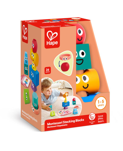 Hape Montessori Stacking Blocks - 10 Pcs Geometric Shapes & 16 Challenge Cards, Multi-Sensory STEM Toy for Toddlers 1-5, Develops Fine Motor Skills & Spatial Thinking, Silicone, Wood & Plastic
