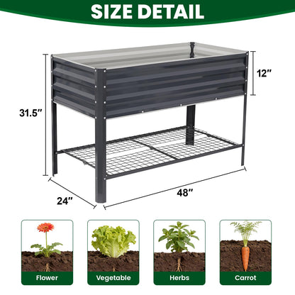 1MORE Elevated Raised Garden Bed with Legs & Storage Rack, 48×24×32in Large Metal Raised Bed for Backyard, Patio. Raised Planter Box with Drainage Holes for Plants Vegetables Flowers Fruits(Grey-1pcs)