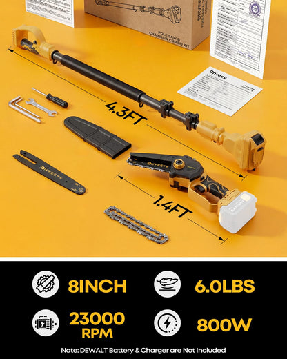 Dnveey 8-Inch Cordless Pole Saw for Tree Trimming, Compatible with DeWalt 20V Max, 15.6FT Extendable 2-in-1 Mini Chainsaw & Tree Trimmer, 800W Brushless [Tool Only - No Battery]