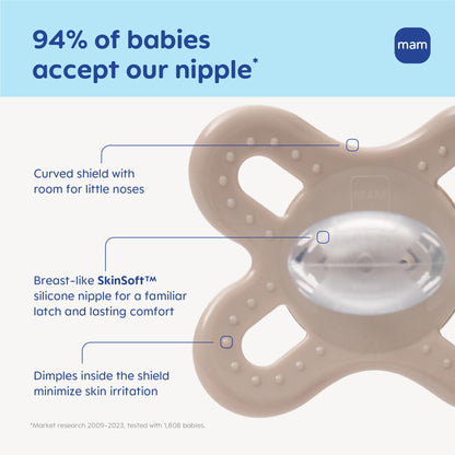 MAM Original Start Baby Pacifiers 0-3 Months, BPA-Free Skin Soft Silicone Nipple, Glows in The Dark, Developed with Medical Experts Specially for Smaller Newborn Mouths, 4 Pk, Made in Europe