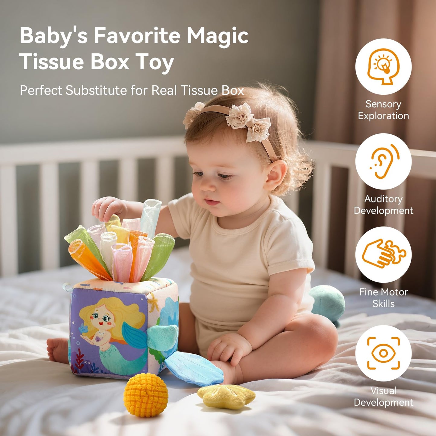 Youuys Baby Tissue Box Toy for Babies 6-12 Months - Montessori Sensory Busy Cube Toys with 3 Textured Balls & 12 Silky Scarves - Ideal Gift for Toddler Girls Ages 6 12 18 Months (Mermaid Theme)