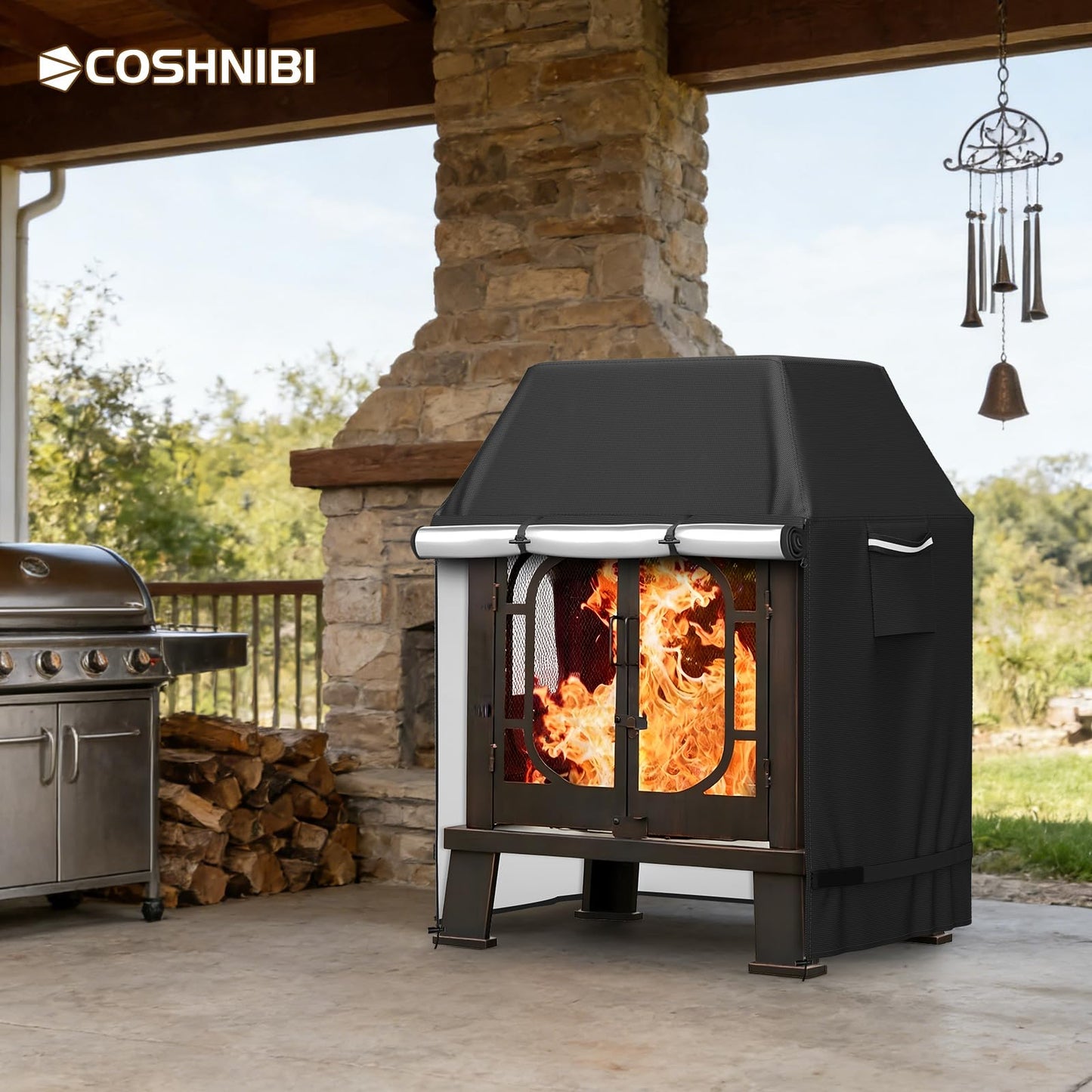 COSHNIBI Outdoor Fireplace Cover,Heavy Duty Waterproof Square Chimineas Fireplace Covers,Cover for Panovue Chiminea Fire Pits,32”L x 24”W x 45”H,Black