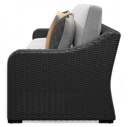 Signature Design by Ashley Beachcroft Casual Nuvella Weather Resistant Fabric 2-Piece Outdoor/Indoor Loveseat with Cushion and 4 Toss Pillows, Black & Light Gray