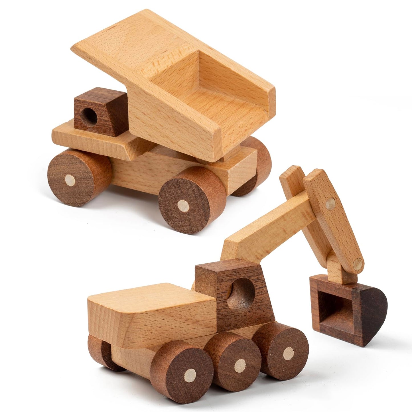 kienvy Wooden Toy Cars for 3 Year Old Boys & Girls - Construction Vehicles Set Push Toys for Toddlers, Wood Montessori Car with Rolling Wheels, Natural Wood Toys (Excavator & Dump Truck)