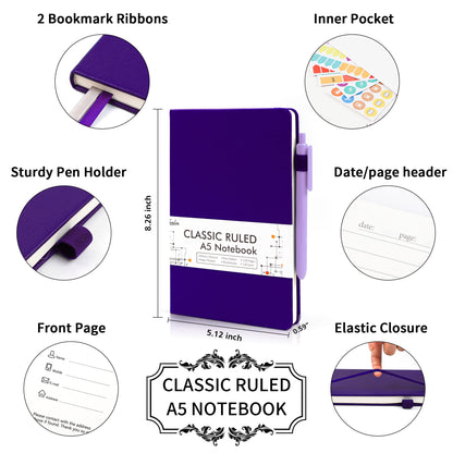 feela 24 Pack Journal Notebook Bulk for Work, Business Notebook Hardcover Lined Writing Journal with Pen Holder for Men Women Note Taking, with 24 Black Pens, 120 GSM, 5.1”x8.3”, A5, Purple