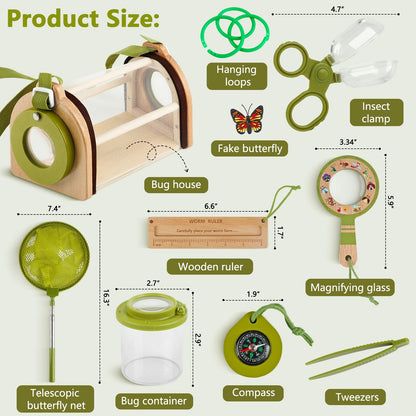 Wooden Bug Catcher Kit for Kids -11Pcs Bug Catching Kit Outdoor Explorer Kit with Carry Bag, Butterfly Net and Other Adventure Sets for Garden Backyard Camping, Gift for Toddlers Girls Boys 3-12