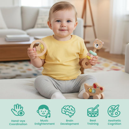 Wooden Baby Toy 6pcs, Montessori Toys for Babies 1-3 Years Old, Wooden Rattles Soft Book Car Toy Set for Infant Grasping, Sensory Development, Gift for Baby Boys Girls