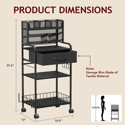 Homsorout Art cart, 3 Tier Rolling Cart - Utility Cart with Storage Drawer and Wheels, Versatile Art & Craft Organizer for Home, Office, or Studio Ideal for Storing Brushes, Paints (Black)