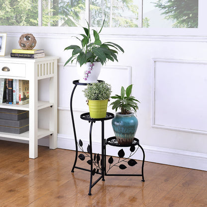 DAZONE 3-Tier Plant Stand for Indoor and Outdoor Use, Black Wrought Iron Metal Plant Shelf Holds 3 Pots, Space-Saving Decor for Corner, Balcony, Bedroom, Garden