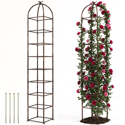 Heavy Duty 8.4 FT Garden Obelisk Trellis for Climbing Plants Outdoor, Rust-Resistant Large Metal Plant Support Tower with Bird Topper & Ground Stakes, Yard Art Decor for Roses Clematis Vines (Bronze)