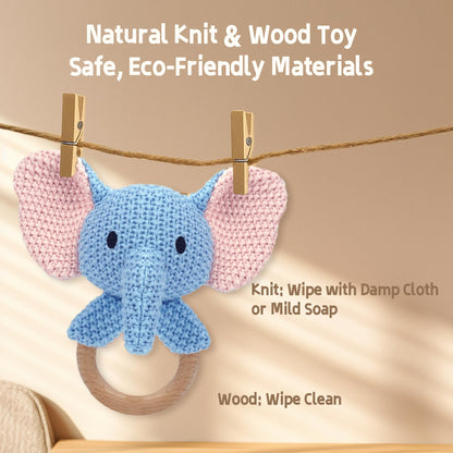 JUSTQUNSEEN Elephant Baby Rattle Teething Ring Hand Knitted CrochetCute Jungle Animal Sensory Toy for Baby Boys Girls 0-3 Months Plush Stuffed Texture Montessori Grasping Shaker Stroller Travel Gift