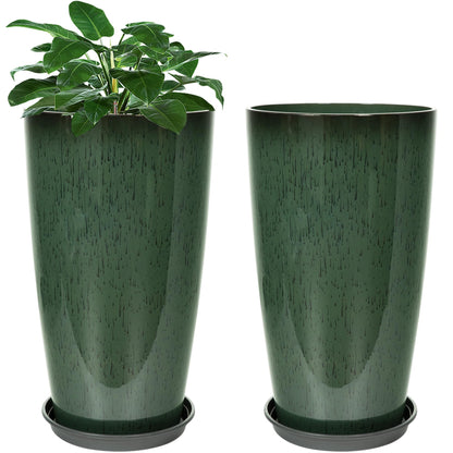 Neoaider Set of 2 Lightweight Ceramic-Look Tall Planter, 21 inch Large Plastic Planter with Drain Hole & Saucers, Large Outdoor Planters for Porch, Garden, Patio, Balcony(Dark Green)