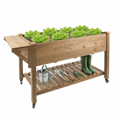 33"H Raised Garden Bed with Wheels, Ergonomic Elevated Wood Planter Box with Shelves and Root Drainage, Upgraded Metal W-Shaped Sturdy, Ideal for Vegetable Herb Flower, Backyard Balcony Patio
