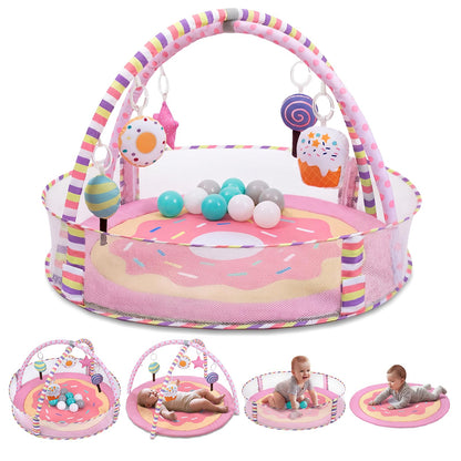 4-in-1 Baby Play Mat & Baby Play Gym,Baby Girl Play Mat Activity Gym, Pink Donut Tummy Time Mat for Babies and Toddlers, Infant Activity Center for Newborn to Develop Motor Cognition