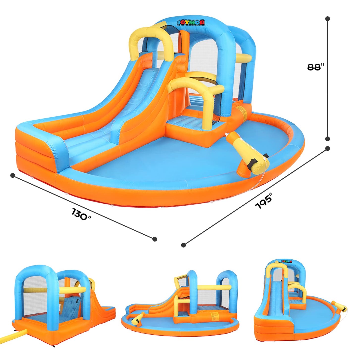 JOYMOR 5-in-1 Inflatable Water Slide Park, Water Bounce House w/Air Blower, Climbing Wall, Double Jump Area, Splash Pool, Water Cannon, Wet or Dry Combo Castle Outdoor Backyard Playhouse for Kids