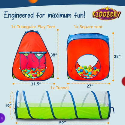 Tunnel and Ball Pit Play Tent | 3pc Pop Up Toddler Gym Tunnels with Tents for Kids, Toddlers, Infants Boys & Girls | Indoor & Outdoor Gift Game | Baby Crawling Pits for Playground (100 Balls Included)