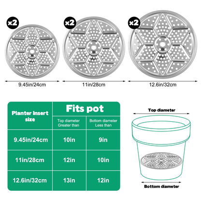 6 Pack Round Planter Insert, 9.4/11/12.5-Inch Planter Inserts with Drainage Holes Stainless Steel Plant Risers for Inside Pots for Tall or Short Planters Use Less Potting Soil Indoor & Outdoor