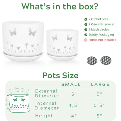 Thriving Thicket 2 Pack, 5 + 6 Inch White Orchid Pots with Butterflies and Tulips Holes and Saucer, Ceramic Orchid Planters for Repotting with Drainage Holes and Tray Indoor Outdoor, Butterfly Gift