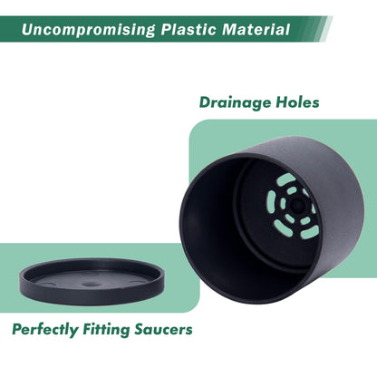 D'vine Dev 10 Pack Plastic Plant Pots for Plants, 6.5/6/5.5/5/4.5/4/3.5/3/2.5/2 Inch Indoor Planters Cylindrical Succulent Pot with Drainage Hole and Saucer, Black, 74-S-B
