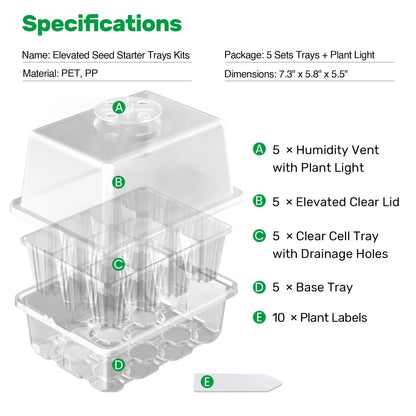 Bonviee 10 Packs Seed Starter Tray with Elevated Lid, 120 Cells Thicken Seed Starting Trays Kit with Adjustable Humidity Vent, Clear Cell Tray and Heightened Lids for Greenhouse & Gardens, Clear