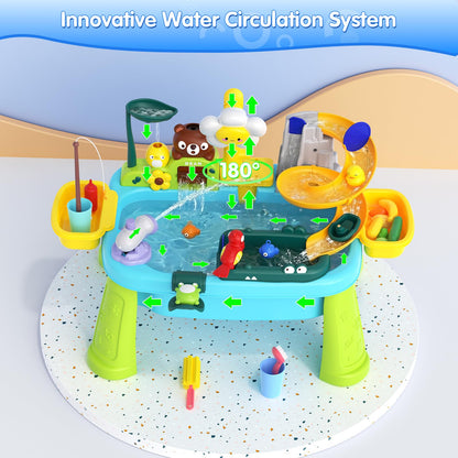 Water Table for Toddlers 1-3, Outdoor Toys for Kids Ages 4-8 with Pump, Kicthen Play Sink with Running Water, Fishing Toys Playset, Summer Outside Sand Water Sensory Activity Pool Toys Gifts, Blue