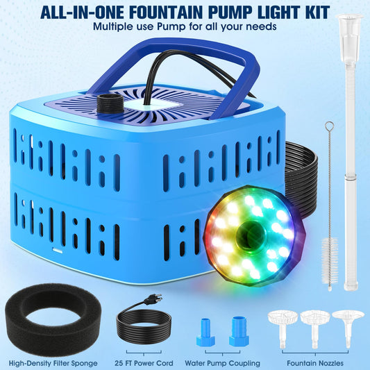 HaiNova Pond Filter Pumps with Lights, 800GPH Pond Pump with Filter Fountain Kit,130W Pond Filter System with Pump Filter Kit, Koi Pond Filters for Outdoor Pond Water Features(Corded Electric)-Blue