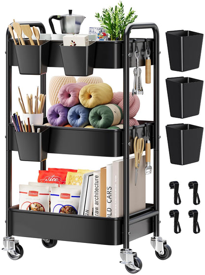 3 Tier Rolling Cart Metal with Wheels, Black Three Tiered Art Cart Organizer on Wheels, Storage Utility Trolley Carts for Kithcen, Craft, Nail, Lash, Makeup, Salon,Bedside, Bathroom, Office, Snack