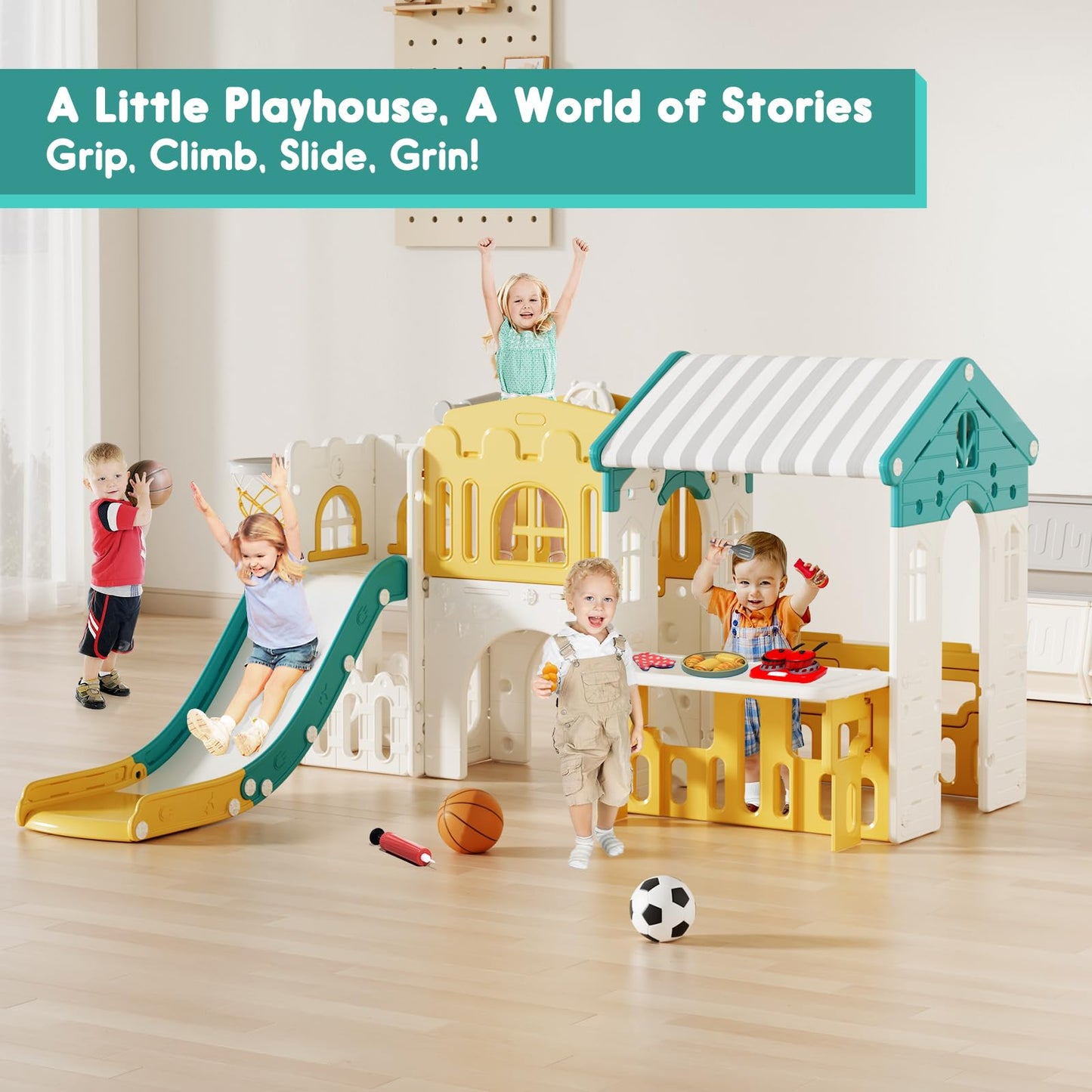 Playground Playsets Outdoor Playhouse 10 in 1 Toddler Slide with Rock Climber with Basketball, Hoop, Storage, playroom Upgraded