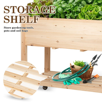 Nature Crafted Raised Garden Bed with Lockable Wheels, 40x24x32 inch Elevated Wood Planter with Storage Shelf Protective Liner for Vegetable Flower Herb Outdoor Balcony Patio Backyard, Natural