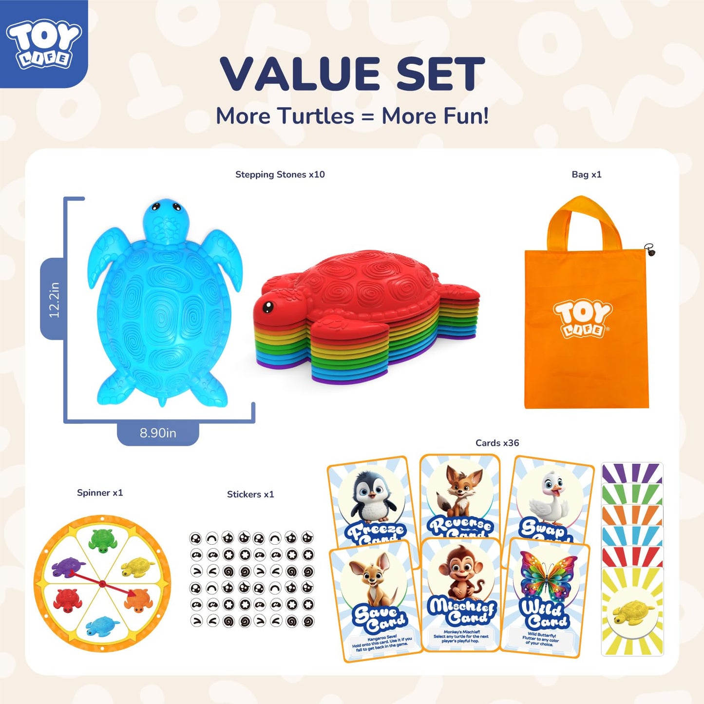 TOY Life 10 Pcs Turtle Balance Stepping Stone for Kids, Indoor Outside Toys for Kids Ages 4-8, Toddler Outdoor Toys, Stepping Stones Game, with Cards and Spinner