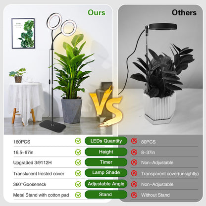 Grow Light with Stand for Indoor Plants, Dual Head Full Spectrum Floor Plant Light for Large Tall Plants, 16.5-68in Adjustable Height, 3/9/12H Timer, Dimmable, Modern Ring Grow Lamp for Home Décor
