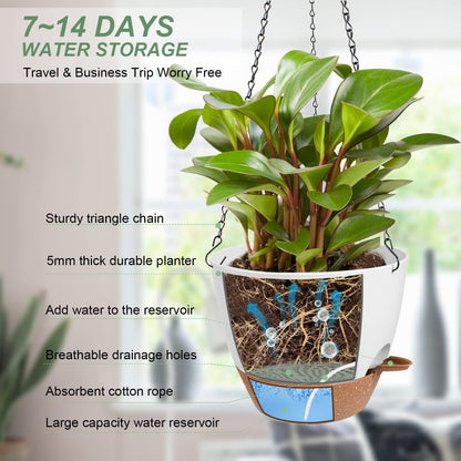 Vanslogreen Hanging Planters for Indoor Outdoor Plants, 2 Pack Self Watering Hanging Pot with Drainage Holes & Removable Tray (White, 8'')