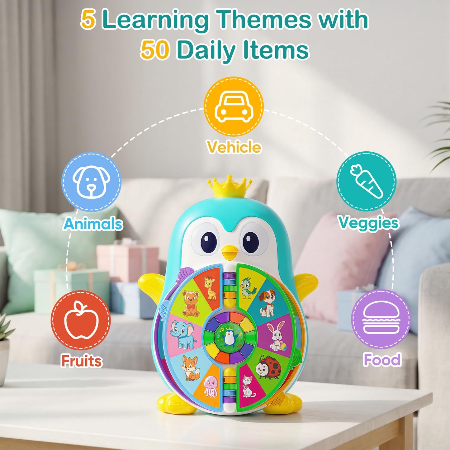 Musical Penguin Learning Toys for 1 Year Old Boy Gifts, Educational Baby Toys for 1-3 Year with 5 Themes, Sound & Light, First Word Teaching, 1st First Birthday Boy Girl Gifts for 12-18 Months