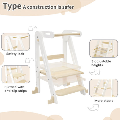 Kids Kitchen Step Stool, Foldable Toddler Tower, Height Adjustable Toddler Standing Tower with Safty Rail and Anti-Slip Device, Wooden Stool for 1.5-6 Years (Wood Color-White)