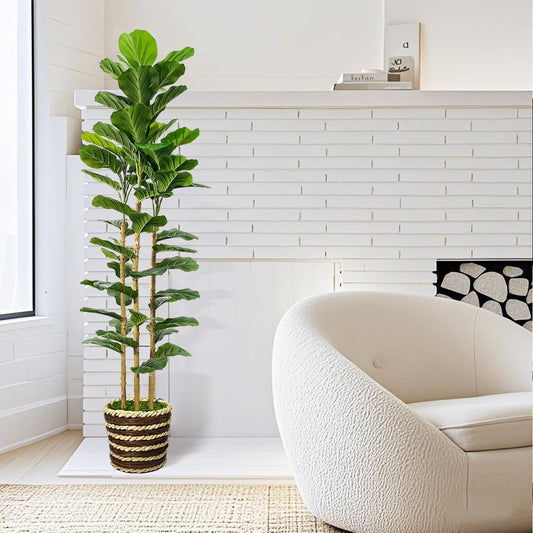 Artificial Fiddle Leaf Fig Tree Indoor with Woven Basket - 5ft Tall Fake Tree with Real-Wood Trunk,Faux Plants for Living Rooms, Offices, Kitchens & Outdoor Spaces (Round Basket)