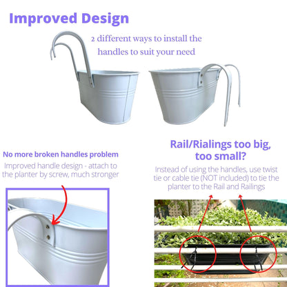 LaLaGreen Rail Planters for Outdoor (10 Pack, 11.2 Inch) White Metal Iron Strawberry Planter Hanging Flower Pots, Deck Railing Fence Bucket Wall Mount Window Box Plant Holder with Hooks Porch Decor