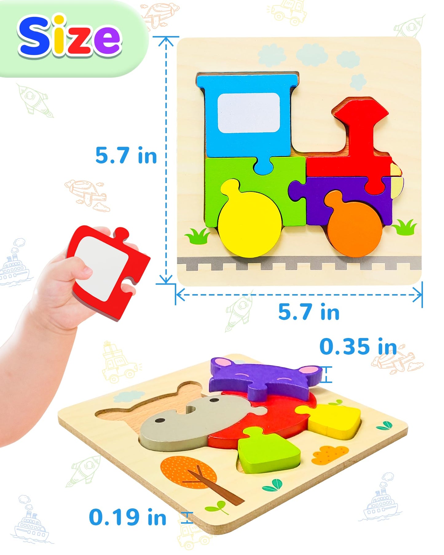 Yetonamr Wooden Toddler Puzzles Gifts Toys for Boys Girls, 12 Vehicle Shape Montessori Toy Educational Blocks Kids Toys Gift Baby Learning Toy