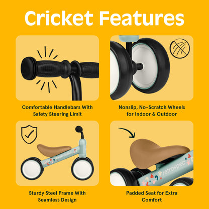 Retrospec Cricket Baby Balance Bike, 4-Wheel Ride-On Toy for Ages 12-24 Months – First Bike & Toddler Bike for 1 Year Old Boys & Girls, First Birthday Gift