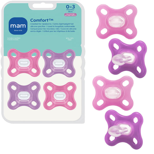 MAM Comfort Baby Pacifier 0-3 Months, Specially for Smaller Newborn Mouths, Lightweight One-Piece BPA-Free Silicone,Easy to Clean, Best for Breastfed Babies, 4 Pk, Made in Europe