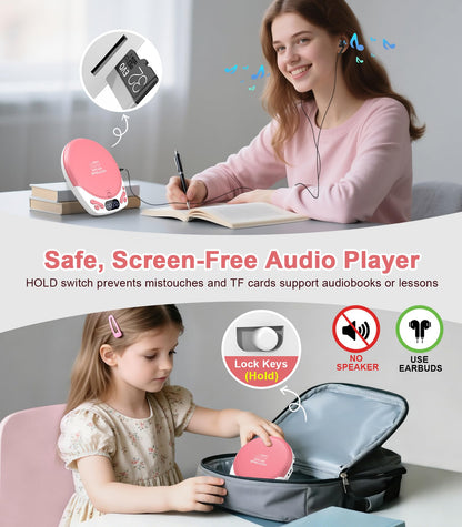 Greadio Discman CD Player with Headphones, Portable Pink CD Player for Car & Home, Rechargeable CD Players with 60s Anti-Skip, Supports CD/MP3/WMA/TF Card/AUX, Backlit/Lock/Programmable/Timer