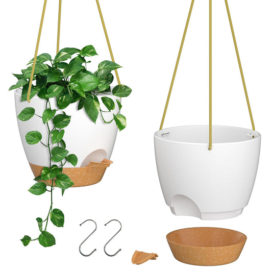 ZMTECH 6.5 Inch Hanging Planters for Indoor Outdoor Plants, 2 Pack Self Watering Hanging Plant Pots with Drainage Holes and Removable Saucer, Plastic Flower Hanging Pots with Watering Lip (White)