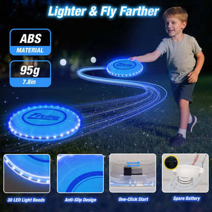 HYES 2 Pack Light up Flying Discs for Kids, Rechargeable Disc with 45 LEDs, 14 Lighting Modes(10")&Built-in Battery Disc(7.8"), Glow in The Dark Ring for Beach/Camping/Outdoor Sport