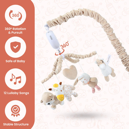 Musical Crib Mobile with 12 Lullabies, Rotating Arm and Detachable Plush Toys, Unisex Clip On Mobile for Standard Cribs, Baby Safe Materials for Sensory Development & Early Growth