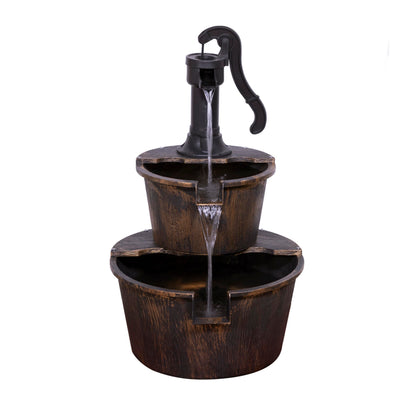 Alpine Corporation 27" Tall Rustic Outdoor 2-Tier Barrel Pump Water Fountain with Soothing Cascading Water Flow for Patio, Yard, Porch, or Landscape, Bronze