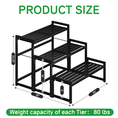 Ekisemio 3-Tier Metal Plant Stand, Heavy Duty Waterproof Indoor Outdoor Stackable Shelf, Tall Flower Pot Holder & Display Rack for Garden, Black