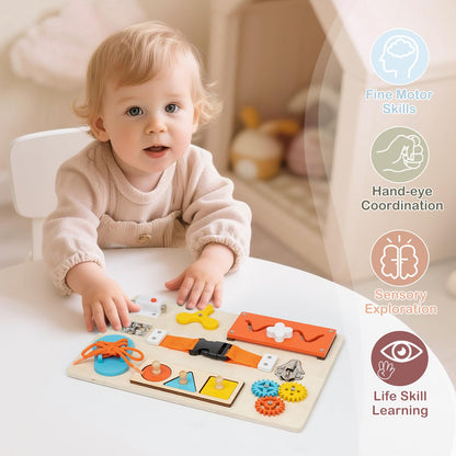 KDSFT Montessori Busy Board for Toddlers, 9-in-1 Wooden Sensory Toys for Fine Motor Skills, Educational Activity Board for Preschool Learning, Travel Toys Gift for Boys Girls 3 4 5