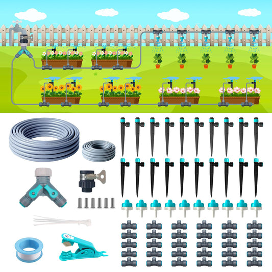 Drip Irrigation System Kit 230FT - Automatic Watering System with Quick Connector, Complete Water Irrigation System for Garden Lawn with 12mm 6mm Irrigation Tubing Adjustable Emitters